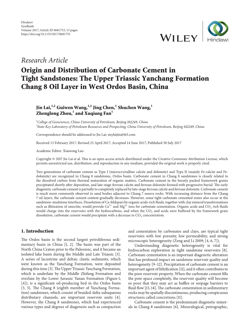 Research Article Origin and Distribution of Carbonate Cement in Tight Sandstones: the Upper Triassic Yanchang Formation Chang 8 Oil Layer in West Ordos Basin, China
