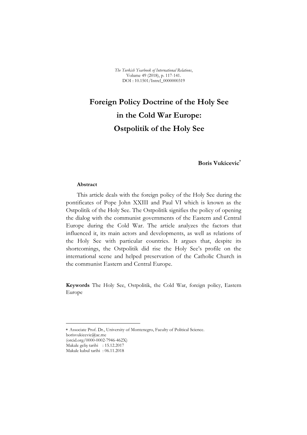 Foreign Policy Doctrine of the Holy See in the Cold War Europe: Ostpolitik of the Holy See