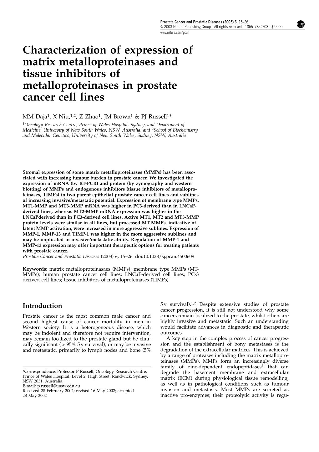 Characterization of Expression of Matrix Metalloproteinases and Tissue Inhibitors of Metalloproteinases in Prostate Cancer Cell Lines