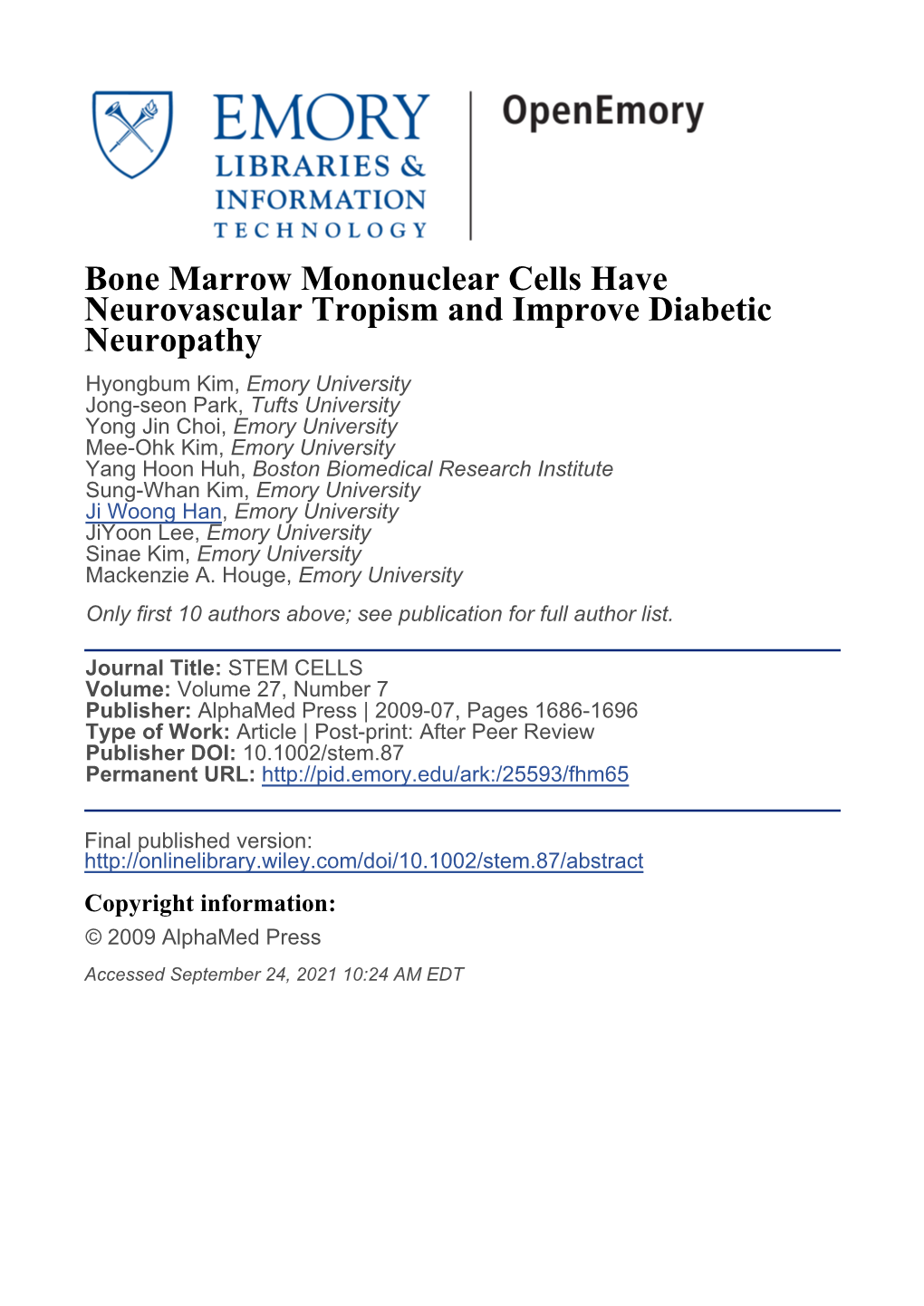 Bone Marrow Mononuclear Cells Have Neurovascular Tropism And