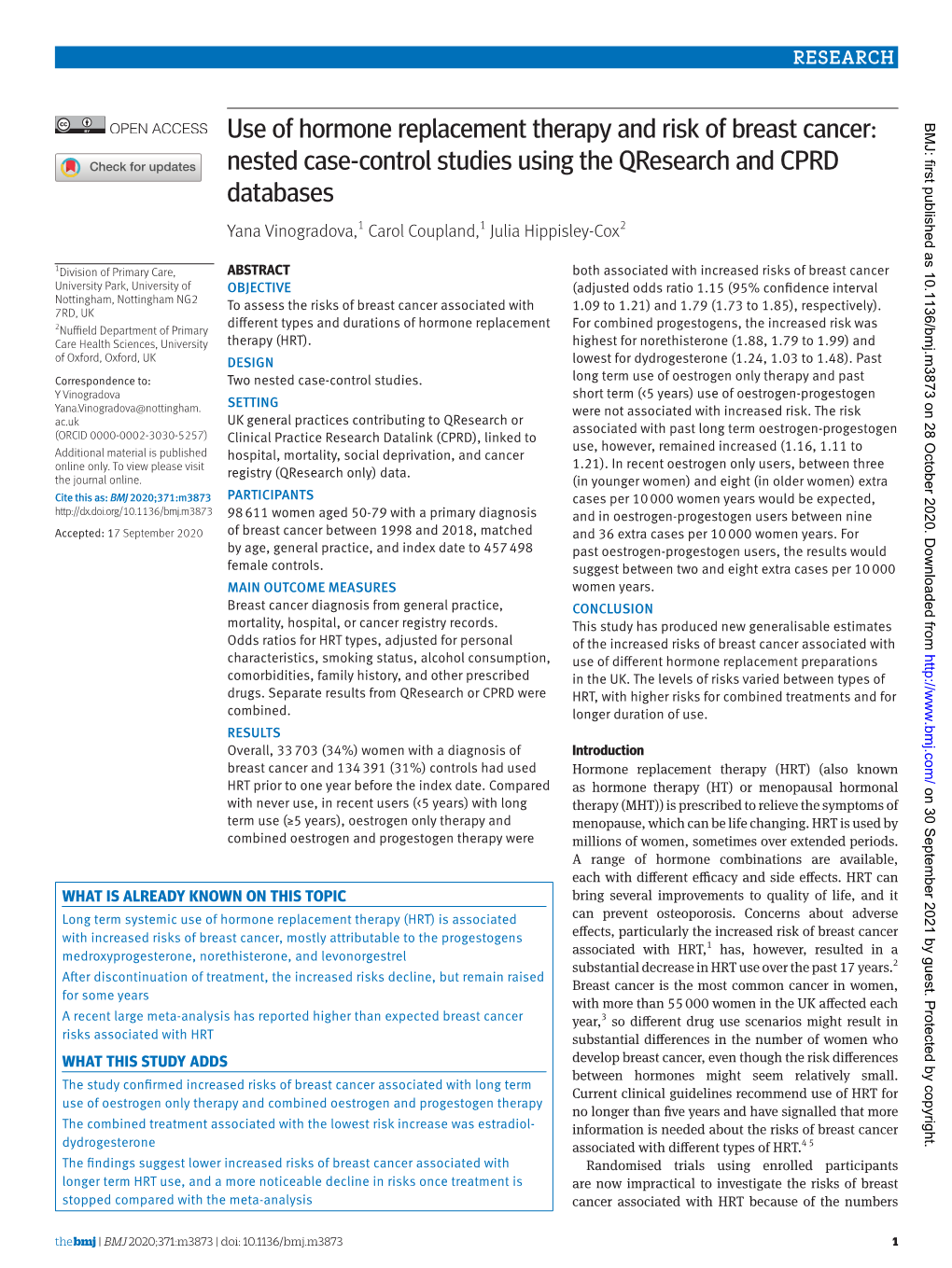 Use of Hormone Replacement Therapy and Risk of Breast Cancer: Nested Case-Control Studies Using the Qresearch and CPRD Databases