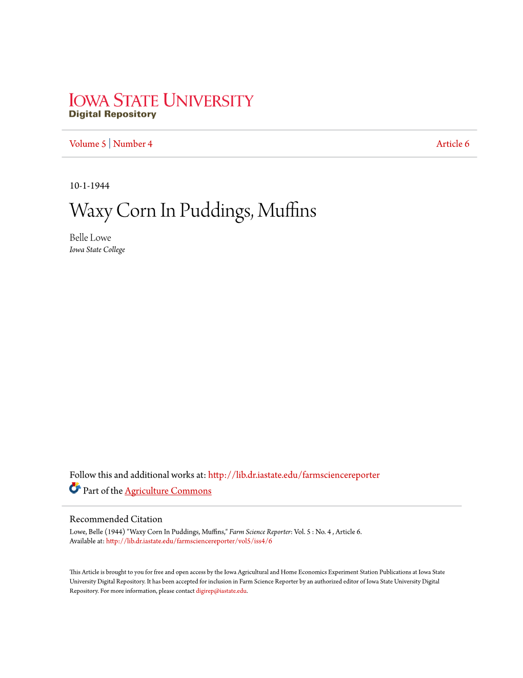 Waxy Corn in Puddings, Muffins Belle Lowe Iowa State College