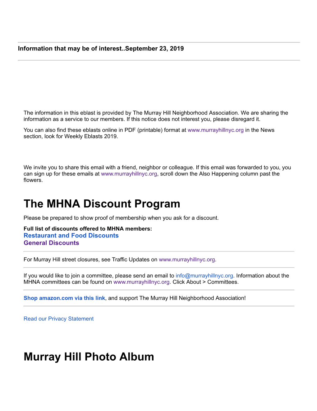 The MHNA Discount Program Murray Hill Photo Album