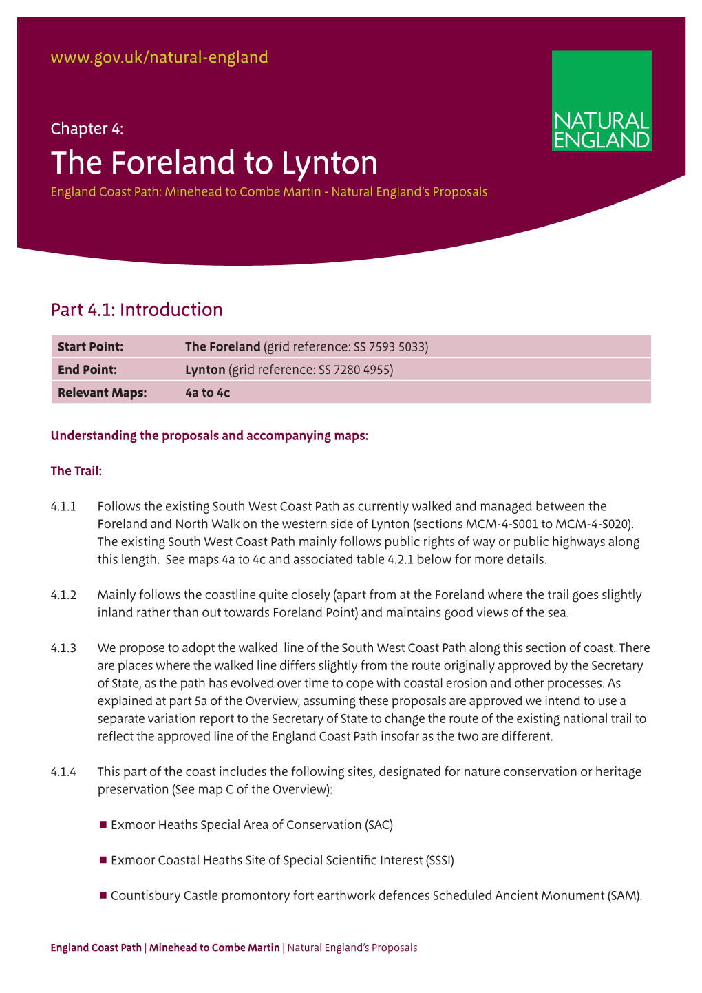 The Foreland to Lynton England Coast Path: Minehead to Combe Martin - Natural England’S Proposals