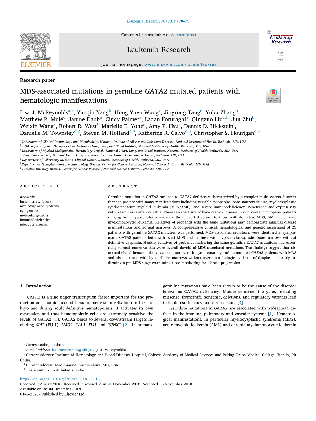 MDS-Associated Mutations in Germline GATA2 Mutated Patients with Hematologic Manifestations T ⁎ Lisa J