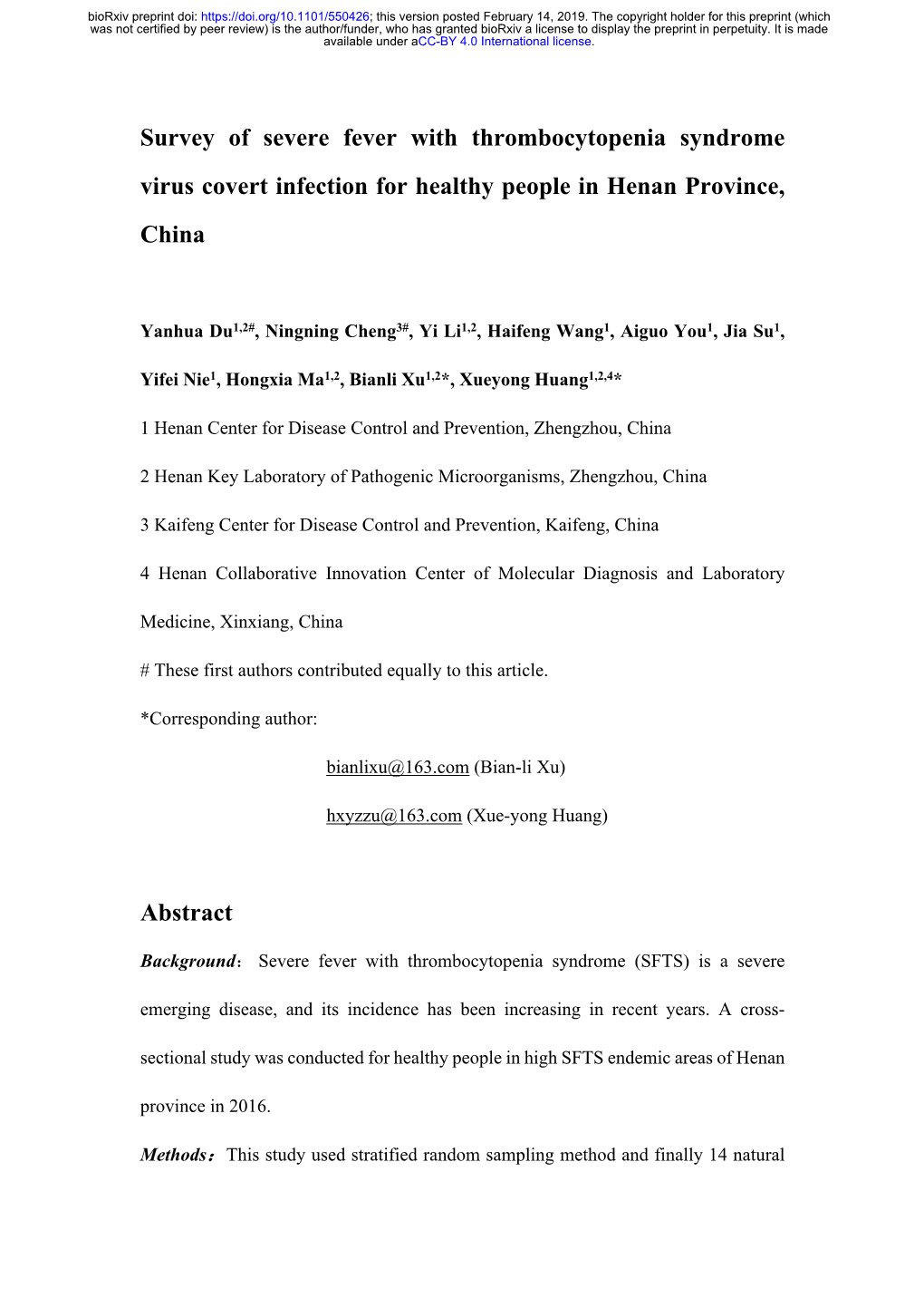 Survey of Severe Fever with Thrombocytopenia Syndrome Virus Covert Infection for Healthy People in Henan Province, China