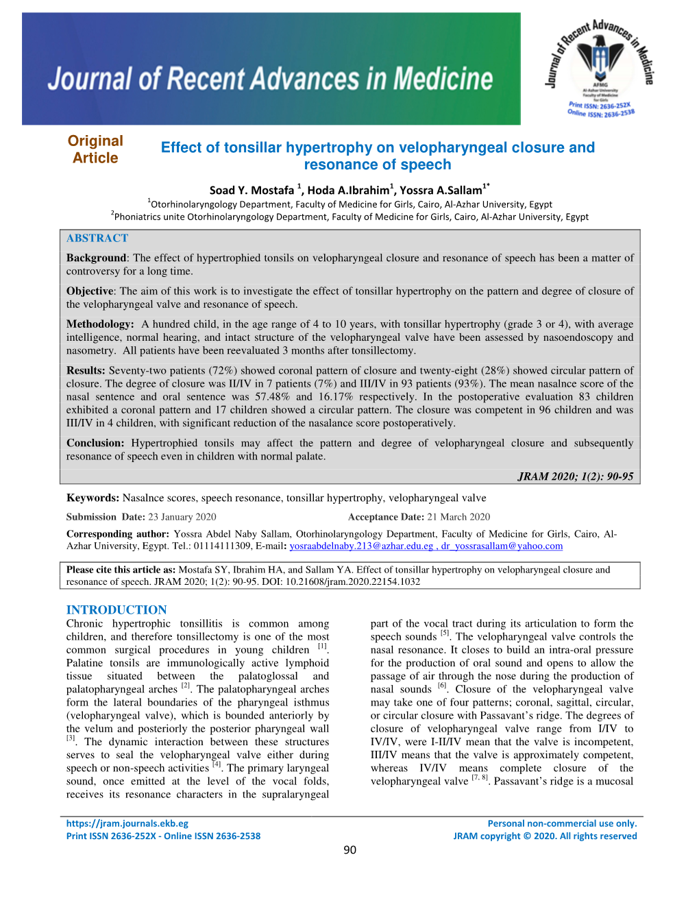 Original Article Effect of Tonsillar Hypertrophy on Velopharyngeal Closure and Resonance of Speech