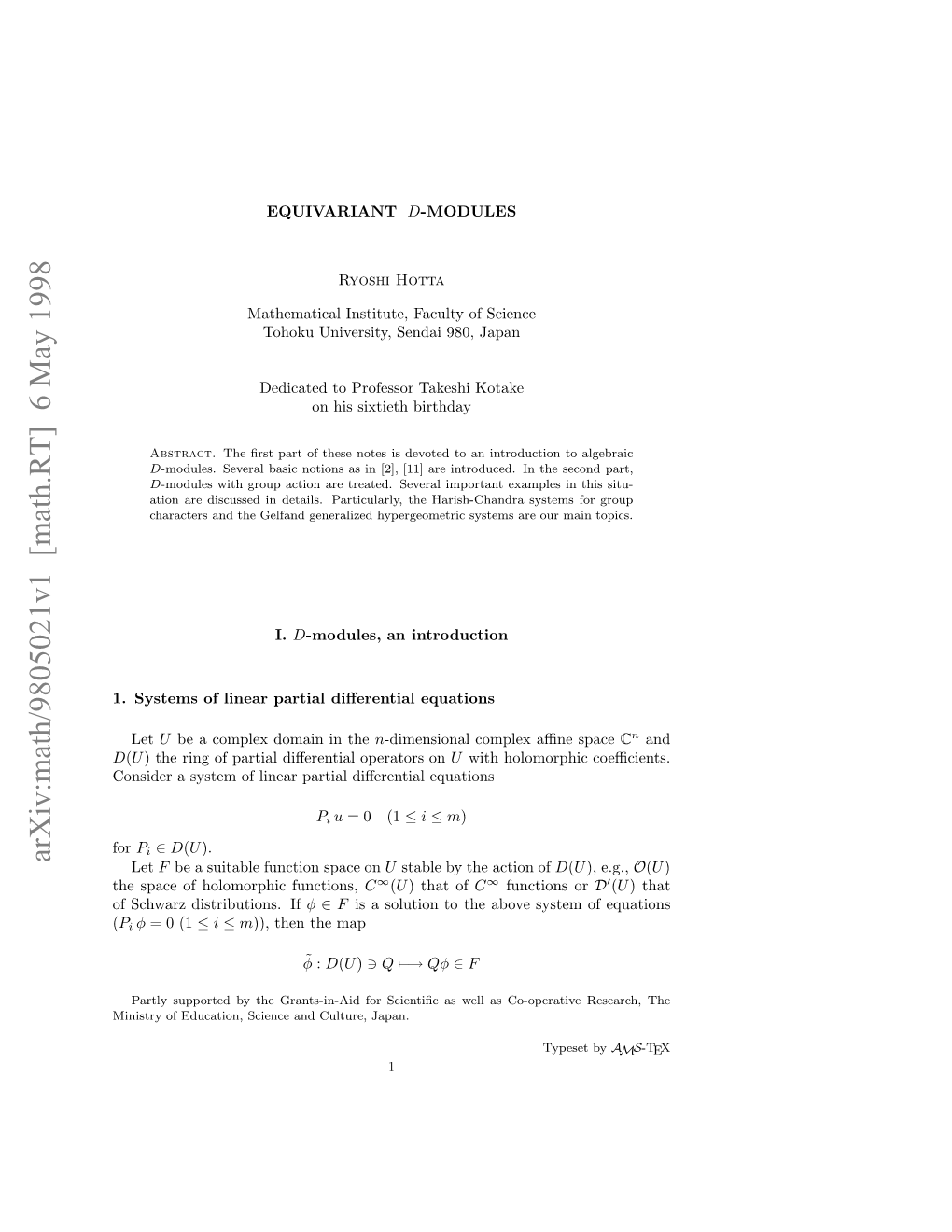 Arxiv:Math/9805021V1 [Math.RT] 6 May 1998 Fshazdsrbtos If Distributions