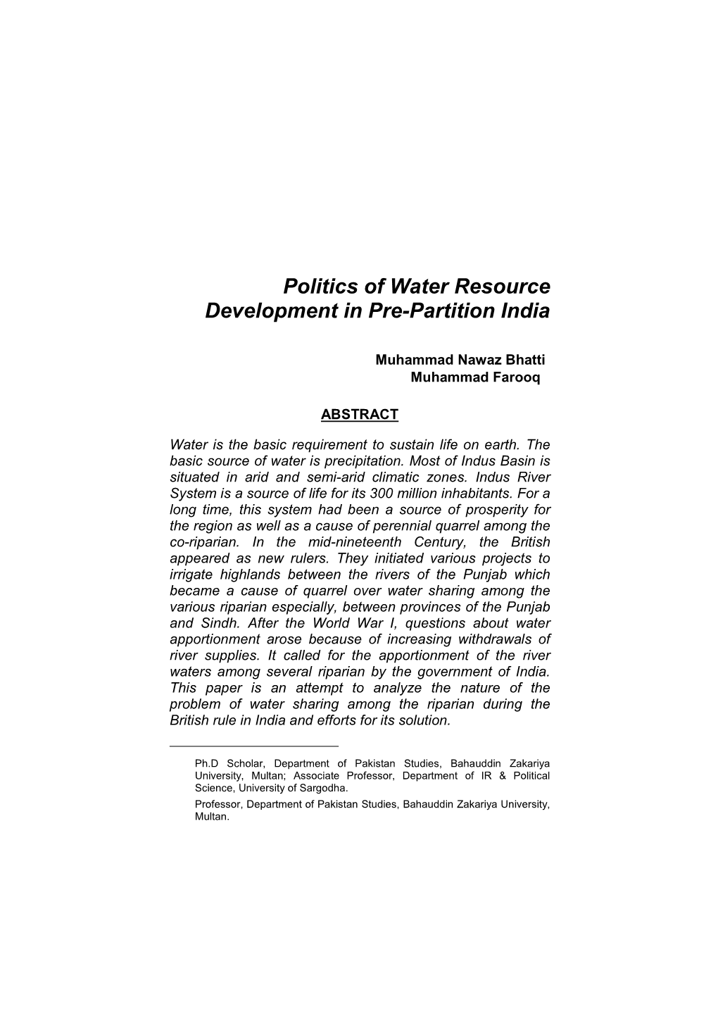 2. Politics of the Water-Resources, M Nawaz Bhatti