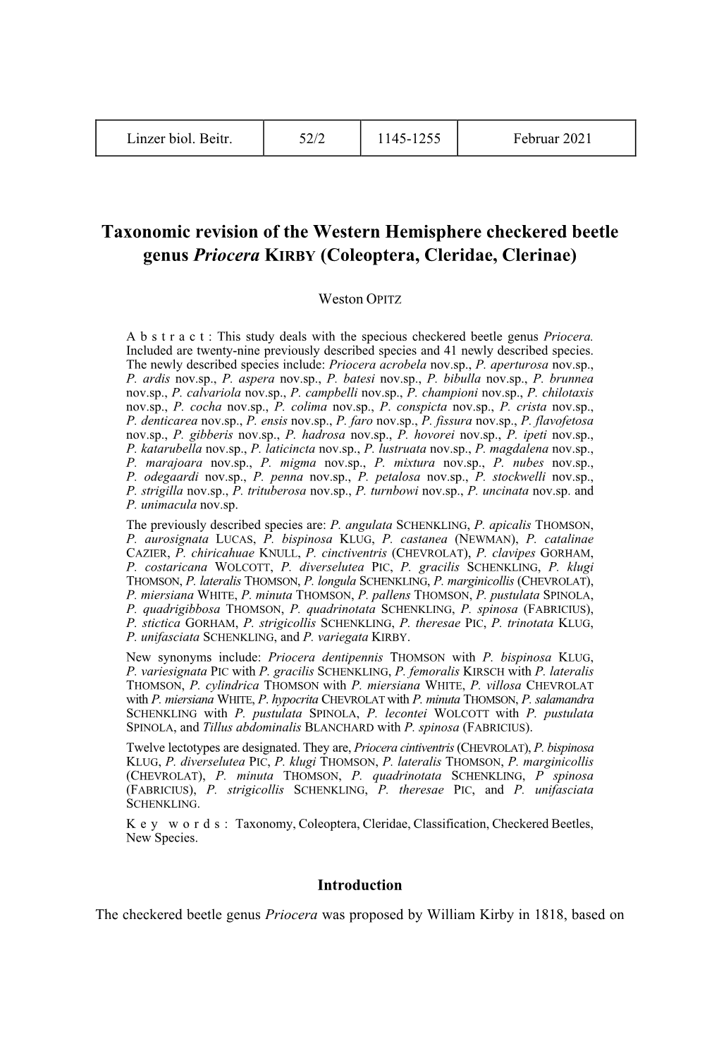 Taxonomic Revision of the Western Hemisphere Checkered Beetle Genus Priocera KIRBY (Coleoptera, Cleridae, Clerinae)