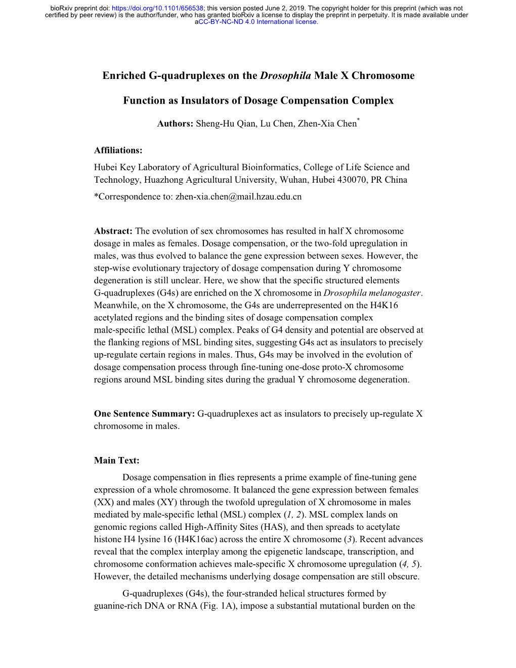 Enriched G-Quadruplexes on the Drosophila Male X Chromosome