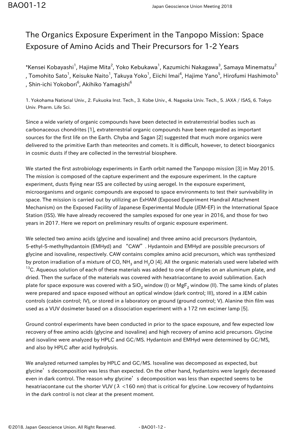 The Organics Exposure Experiment in the Tanpopo Mission: Space Exposure of Amino Acids and Their Precursors for 1-2 Years