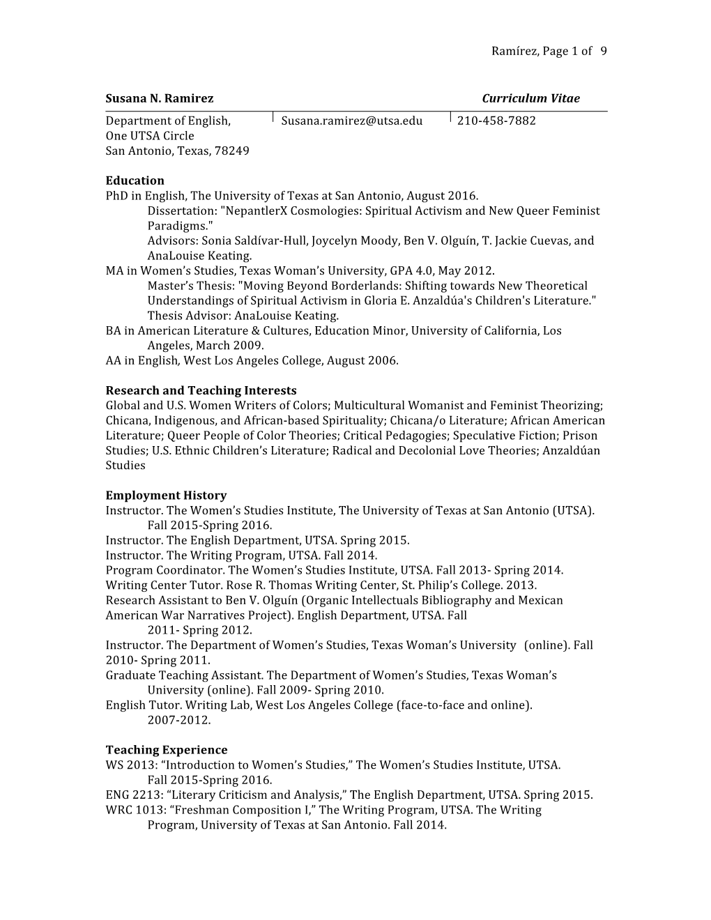 Ramírez, Page 1 of 9 Susana N. Ramirez Curriculum Vitae