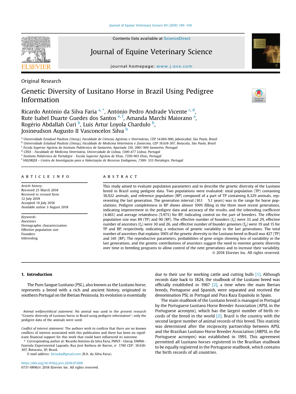 Genetic Diversity of Lusitano Horse in Brazil Using Pedigree Information