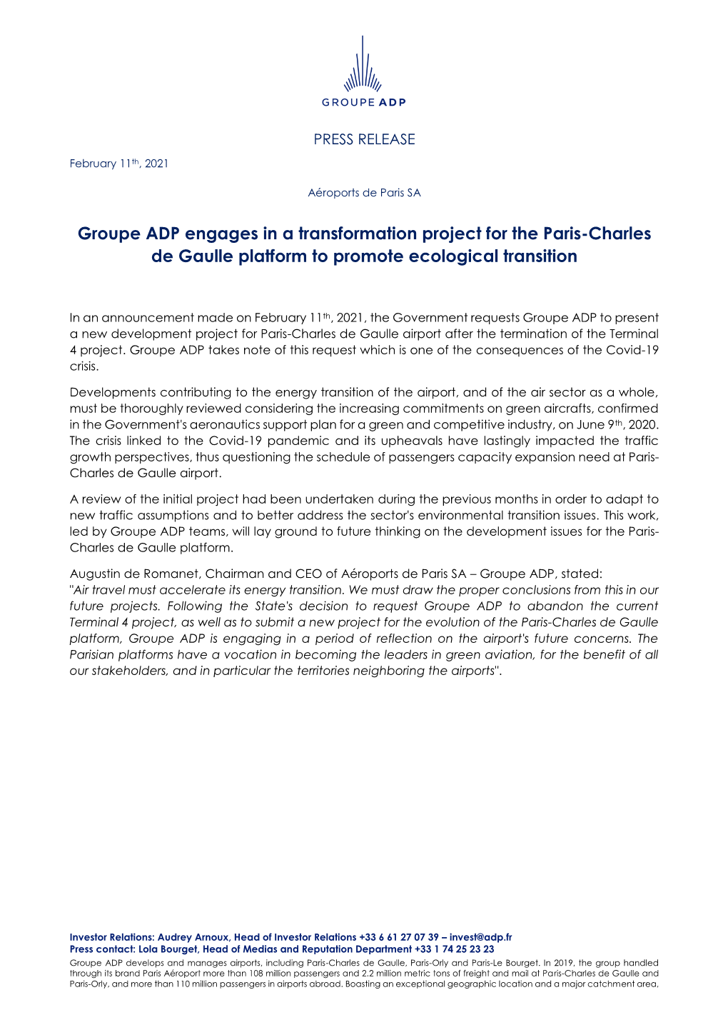 Groupe ADP Engages in a Transformation Project for the Paris-Charles De Gaulle Platform to Promote Ecological Transition