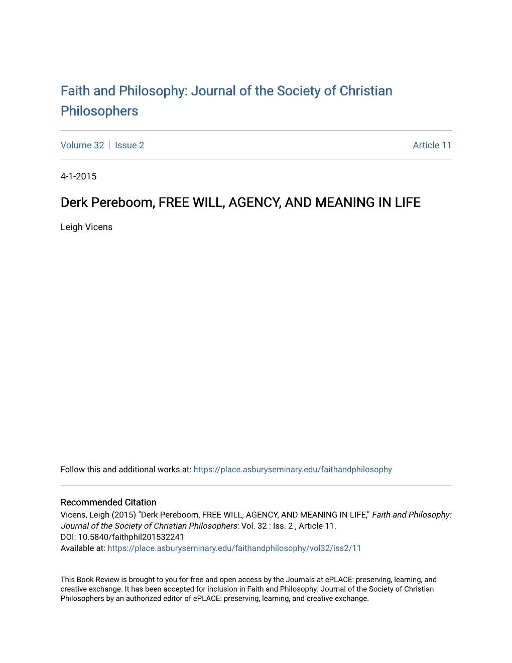 Derk Pereboom, FREE WILL, AGENCY, and MEANING in LIFE