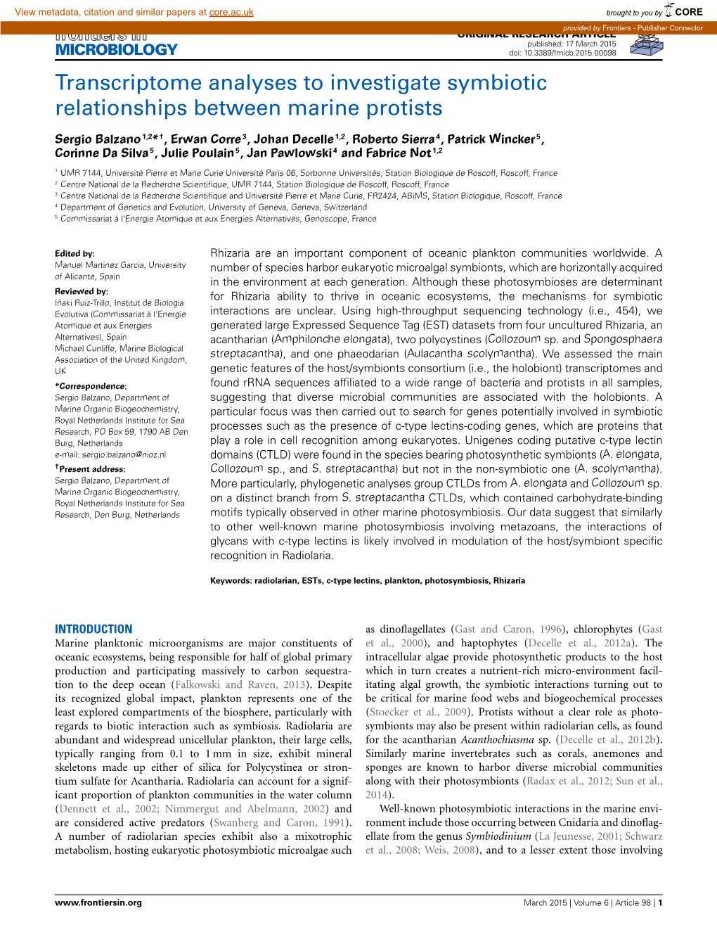 Transcriptome Analyses to Investigate Symbiotic Relationships Between Marine Protists