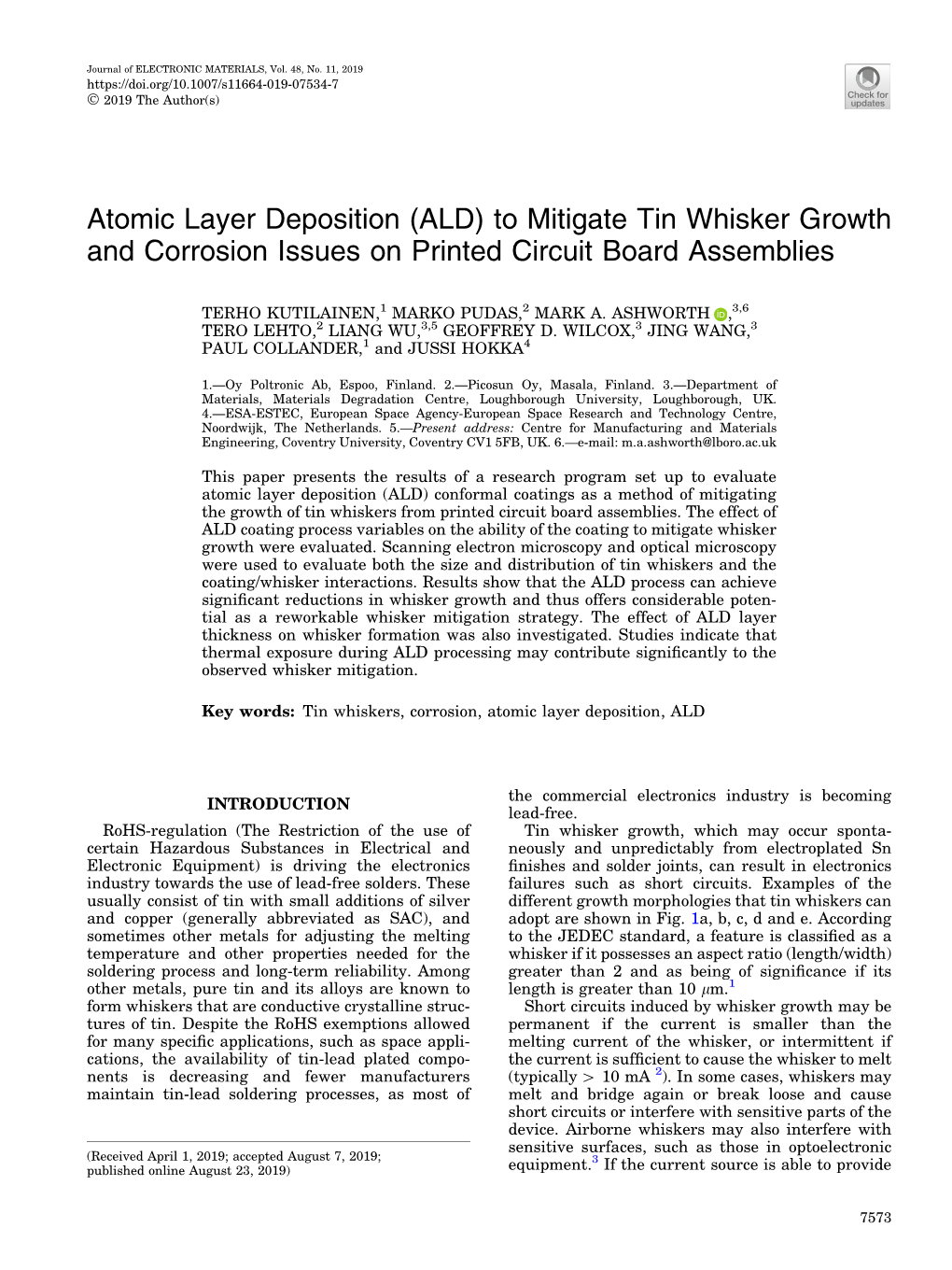 Atomic Layer Deposition (ALD) to Mitigate Tin Whisker Growth and Corrosion Issues on Printed Circuit Board Assemblies