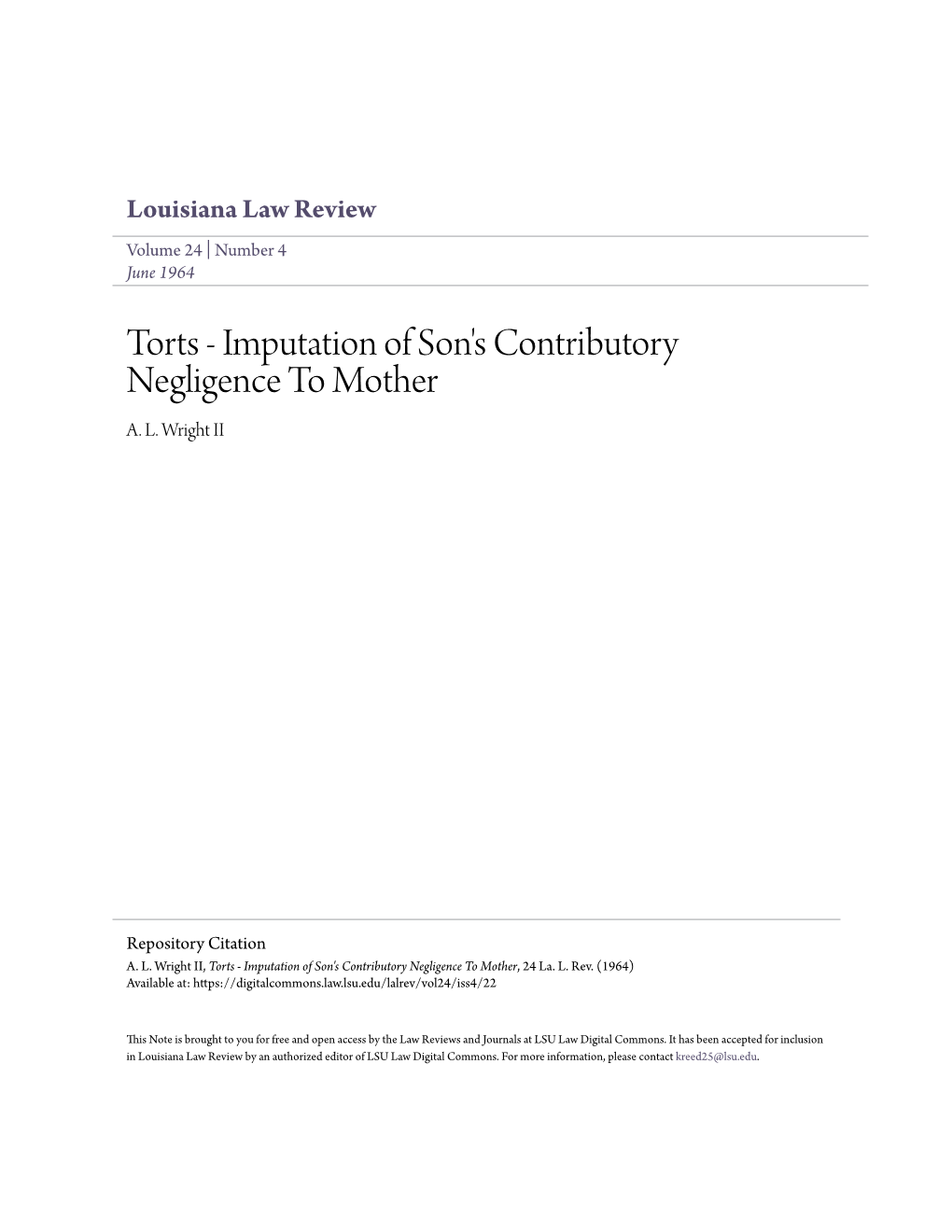 Torts - Imputation of Son's Contributory Negligence to Mother A