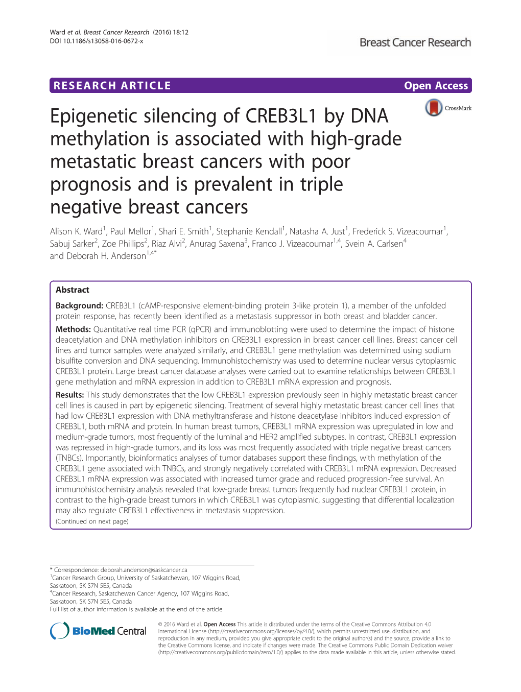 Epigenetic Silencing of CREB3L1 by DNA Methylation Is Associated With