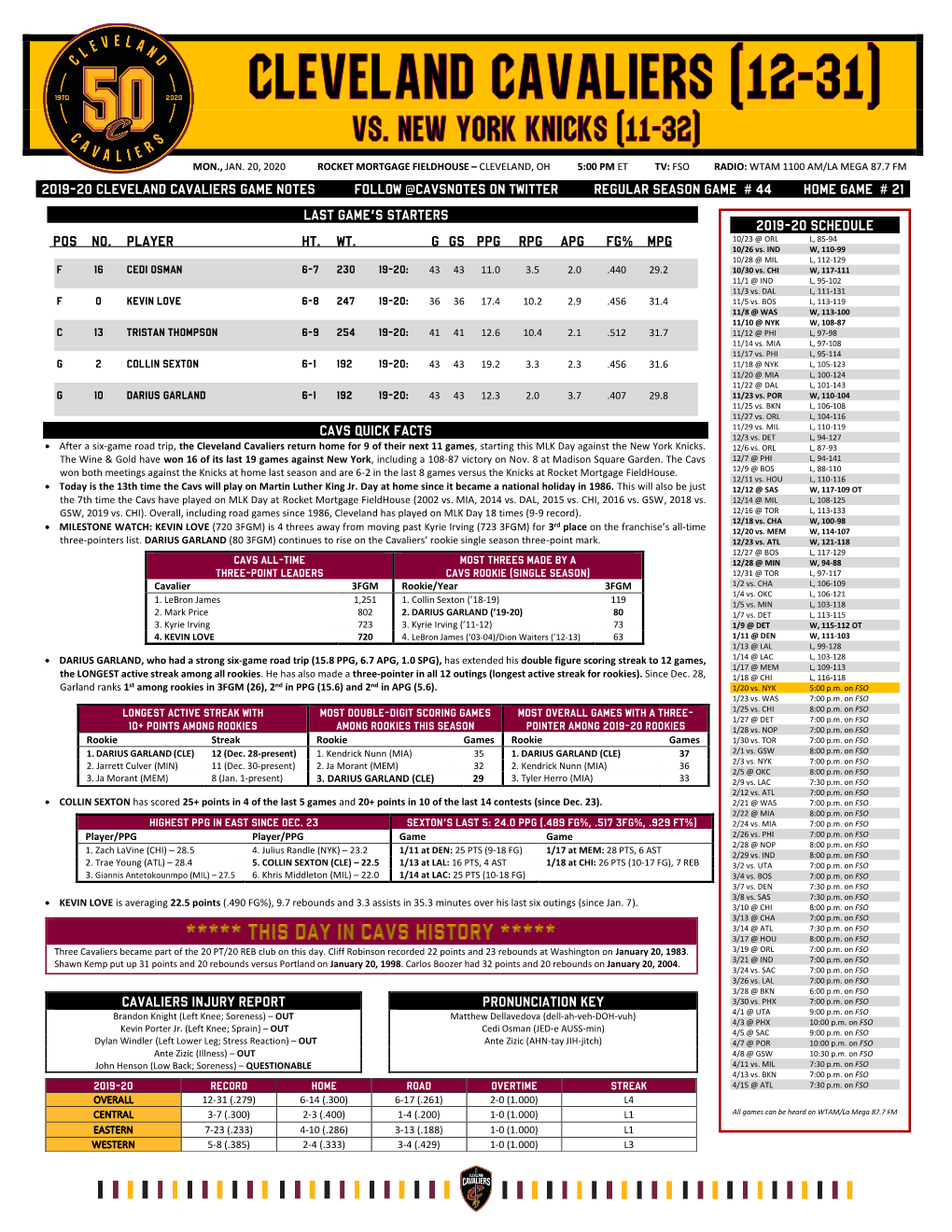 2019-20 Cleveland Cavaliers Game Notes Follow @Cavsnotes on Twitter Regular Season Game # 44 Home Game # 21 Cavs