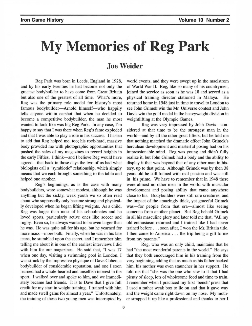 My Memories of Reg Park