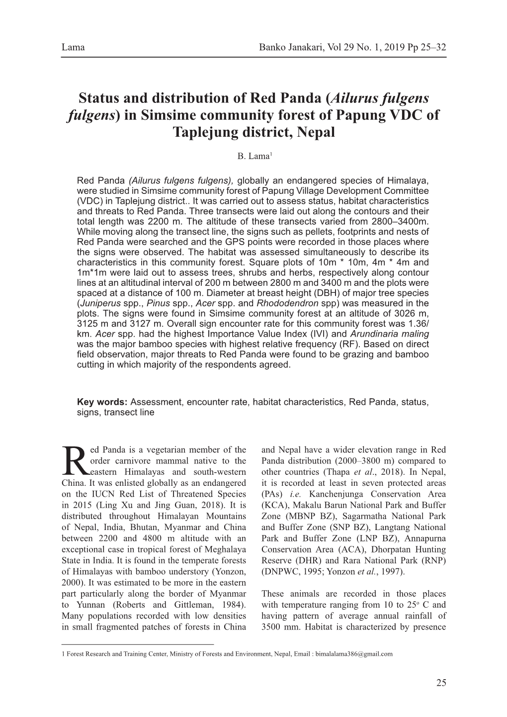 Status and Distribution of Red Panda (Ailurus Fulgens Fulgens) in Simsime Community Forest of Papung VDC of Taplejung District, Nepal