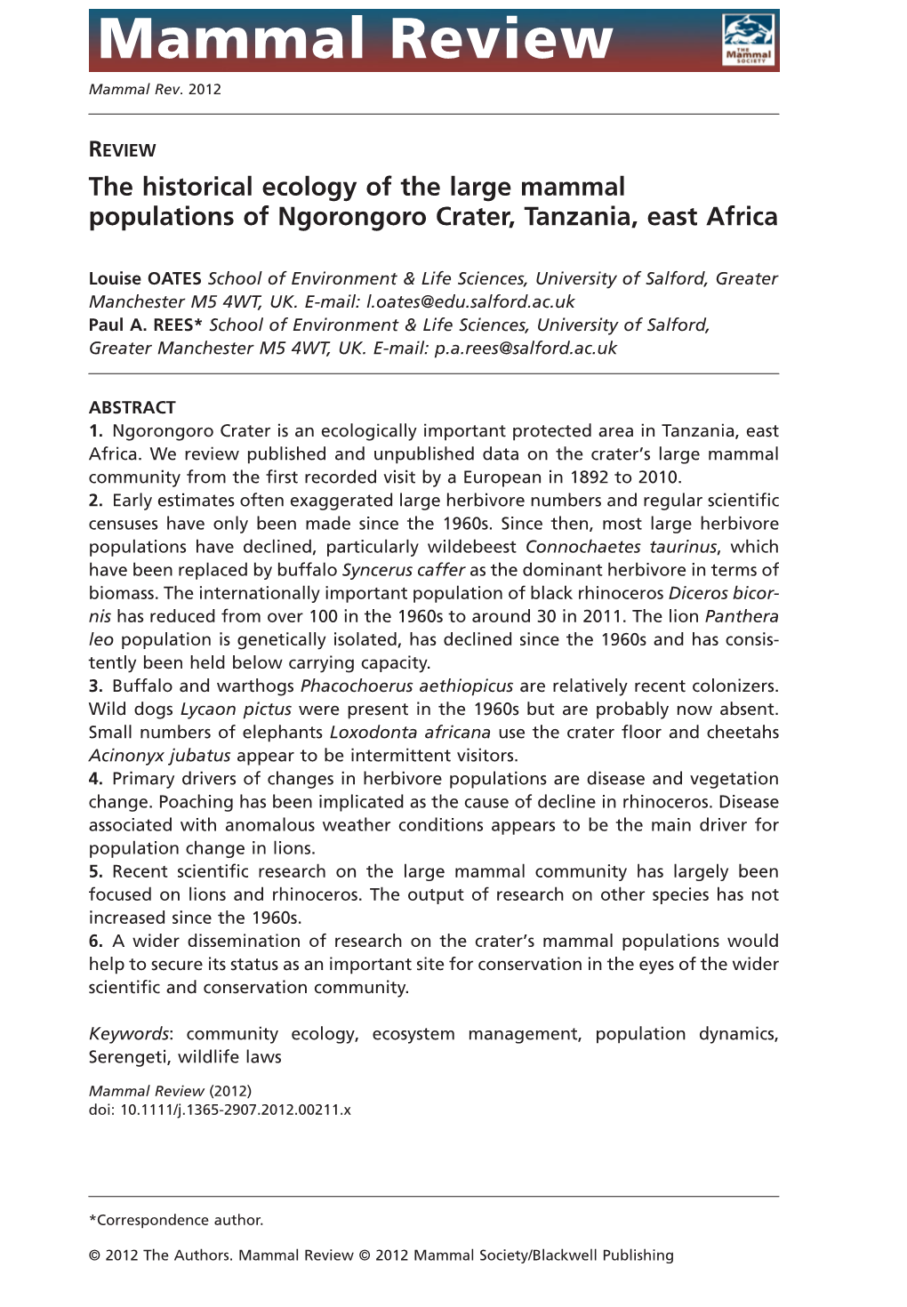 The Historical Ecology of the Large Mammal Populations of Ngorongoro Crater, Tanzania, East Africa