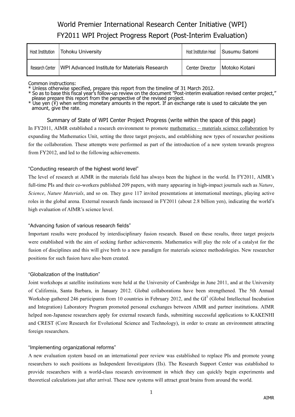FY2011 WPI Project Progress Report (Post-Interim Evaluation)