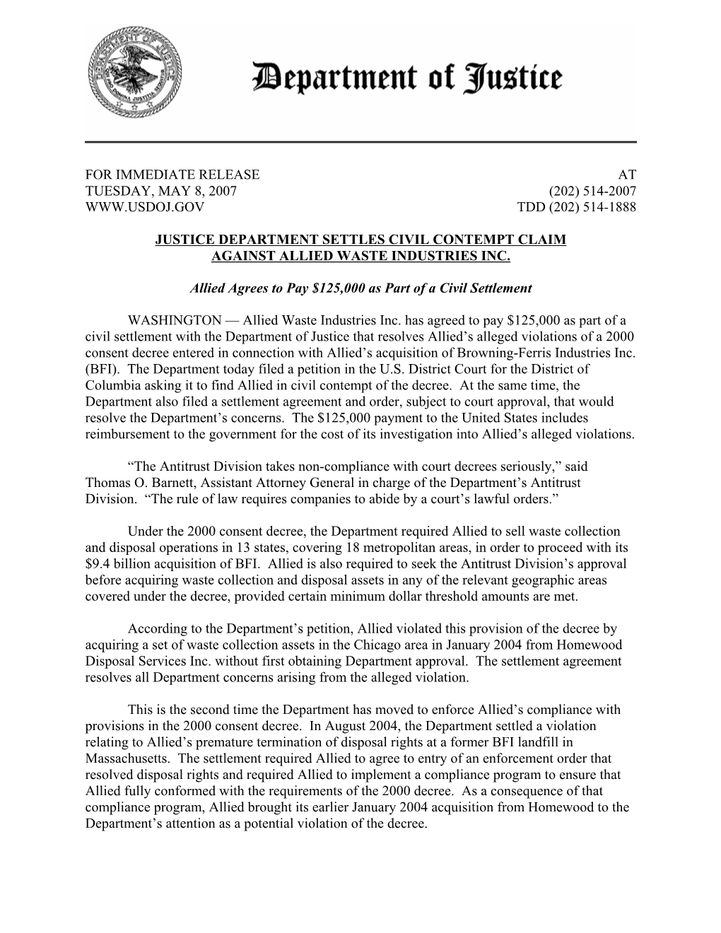 Justice Department Settles Civil Contempt Claim Against Allied Waste Industries Inc