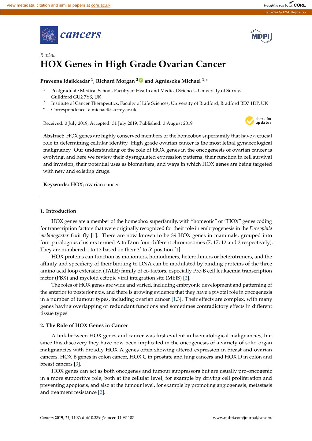 HOX Genes in High Grade Ovarian Cancer