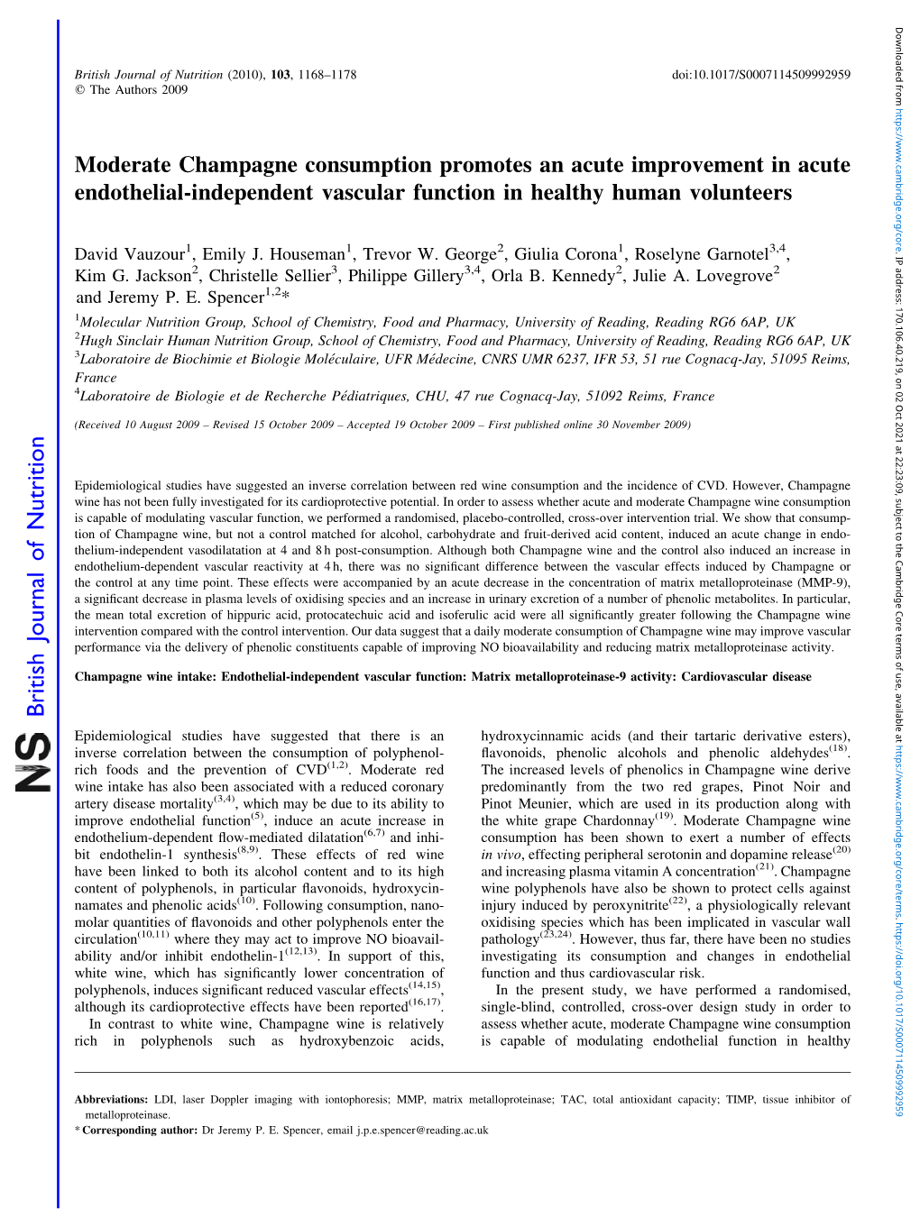 Moderate Champagne Consumption Promotes an Acute Improvement in Acute Endothelial-Independent Vascular Function in Healthy Human Volunteers