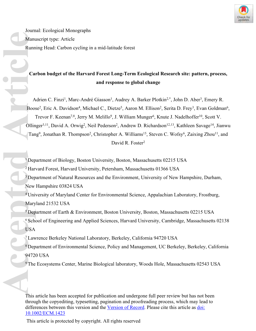 Carbon Budget of the Harvard Forest Long‐Term Ecological Research Site