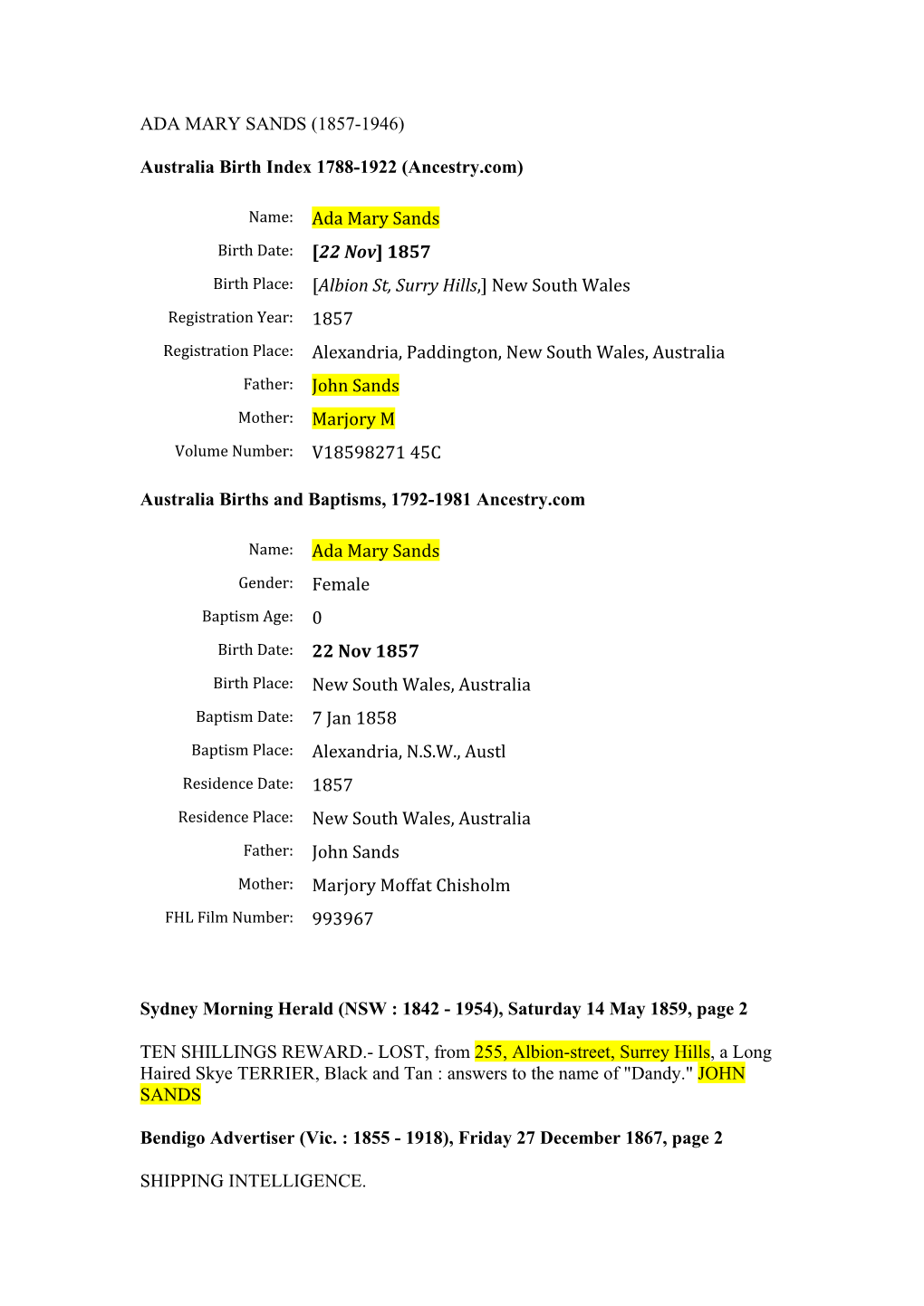 ADA MARY SANDS (1857-1946) Australia Birth Index 1788-1922