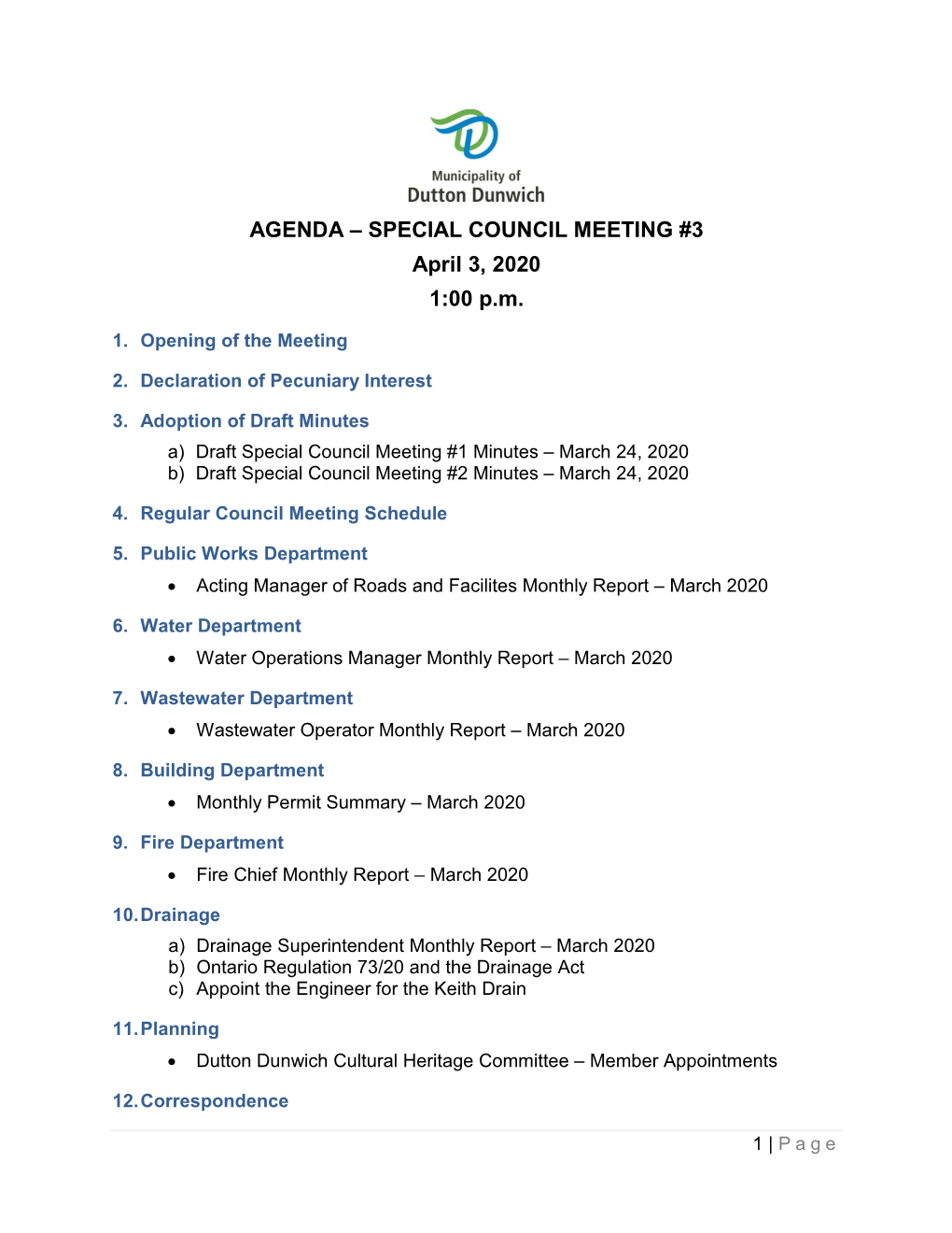 AGENDA – SPECIAL COUNCIL MEETING #3 April 3, 2020 1:00 P.M