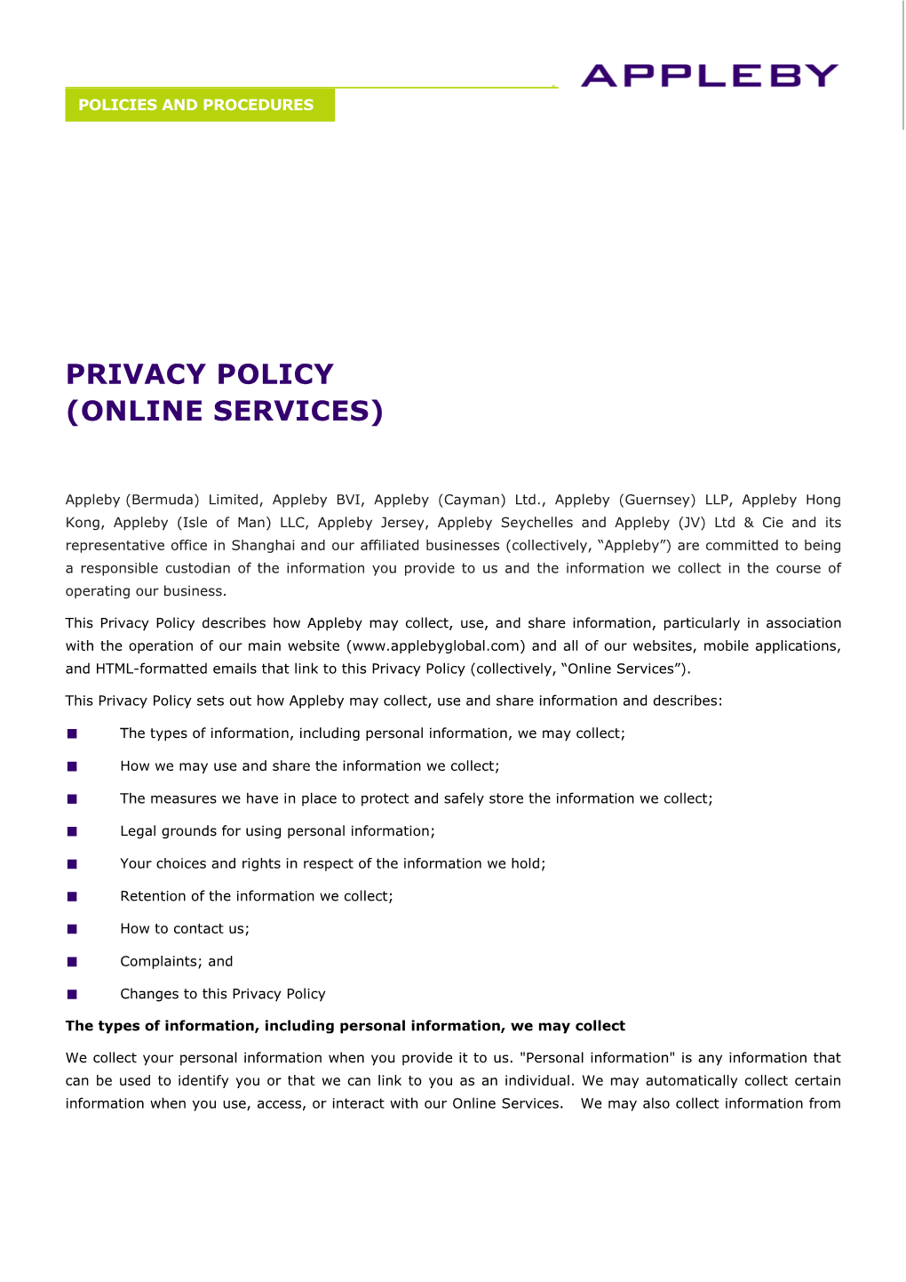 Privacy Policy (Online Services)
