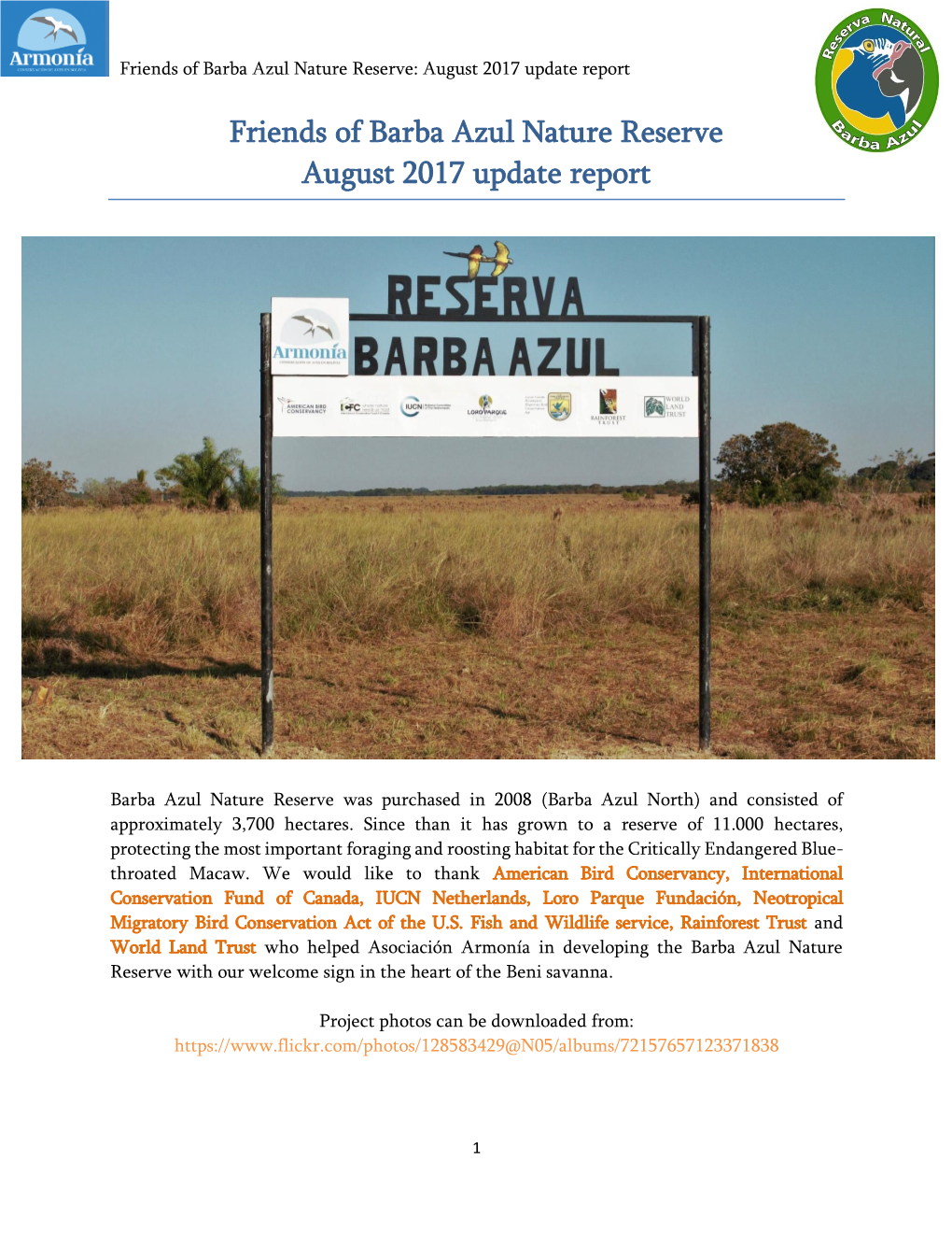 Friends of Barba Azul Nature Reserve August 2017 Update Report