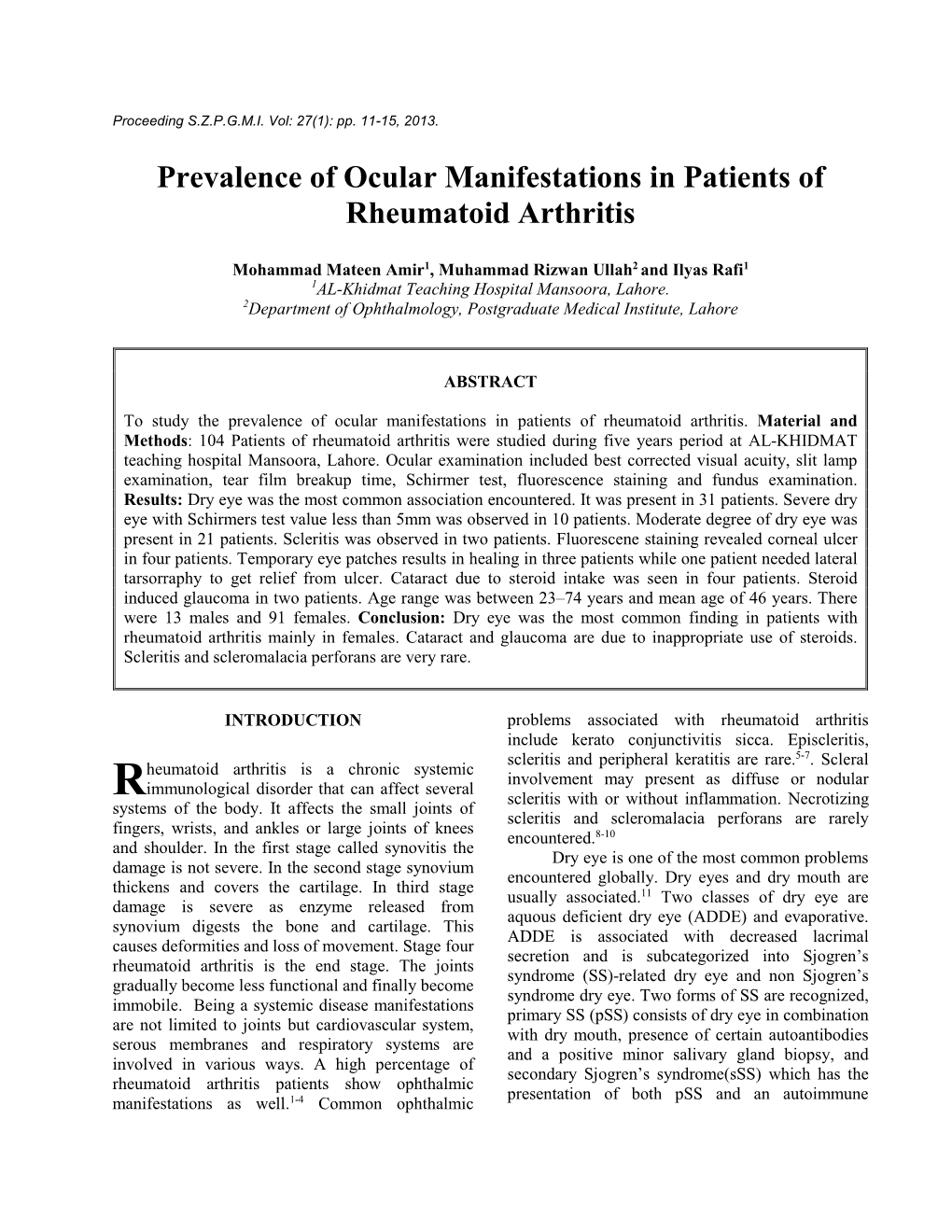 Prevalence of Ocular Manifestations in Patients of Rheumatoid Arthritis