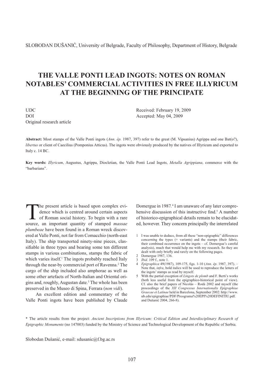 The Valle Ponti Lead Ingots: Notes on Roman Notables’ Commercial Activities in Free Illyricum