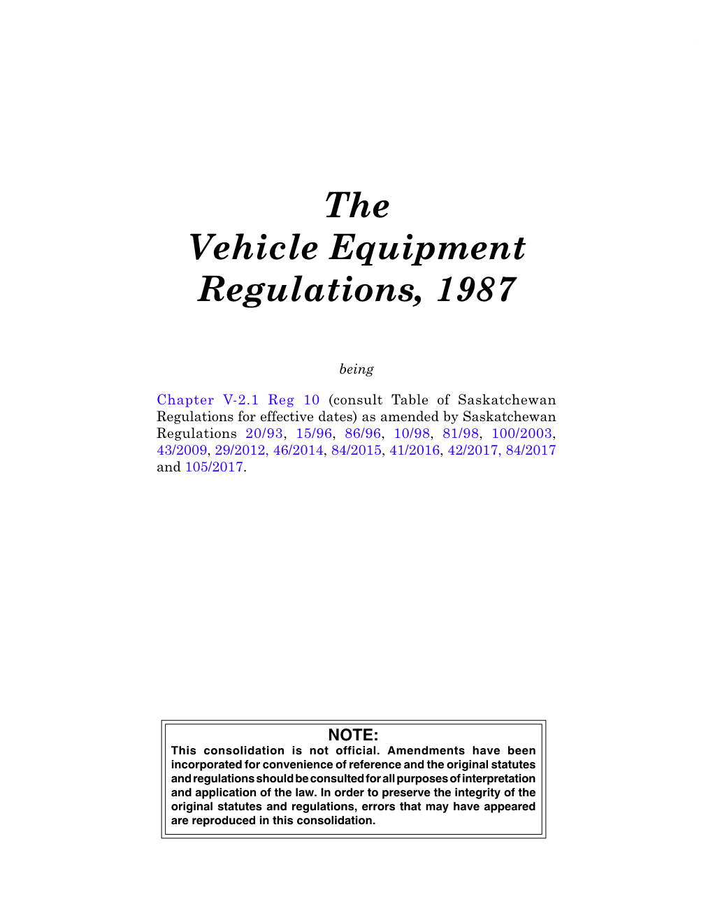 The Vehicle Equipment Regulations, 1987