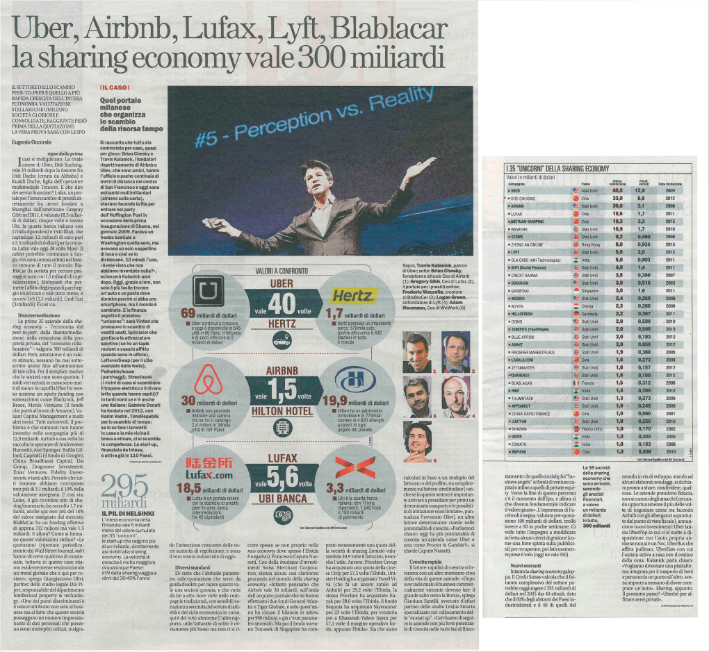 Uber, Airbnb, Lufax, Lyft, Blablacar La Sharing Eœnomy Vale300 Miliardi