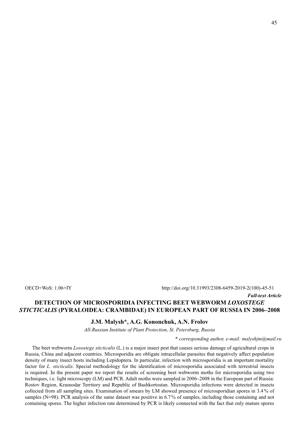 Detection of Microsporidia Infecting Beet Webworm Loxostege Sticticalis (Pyraloidea: Crambidae) in European Part of Russia in 2006–2008 J.M