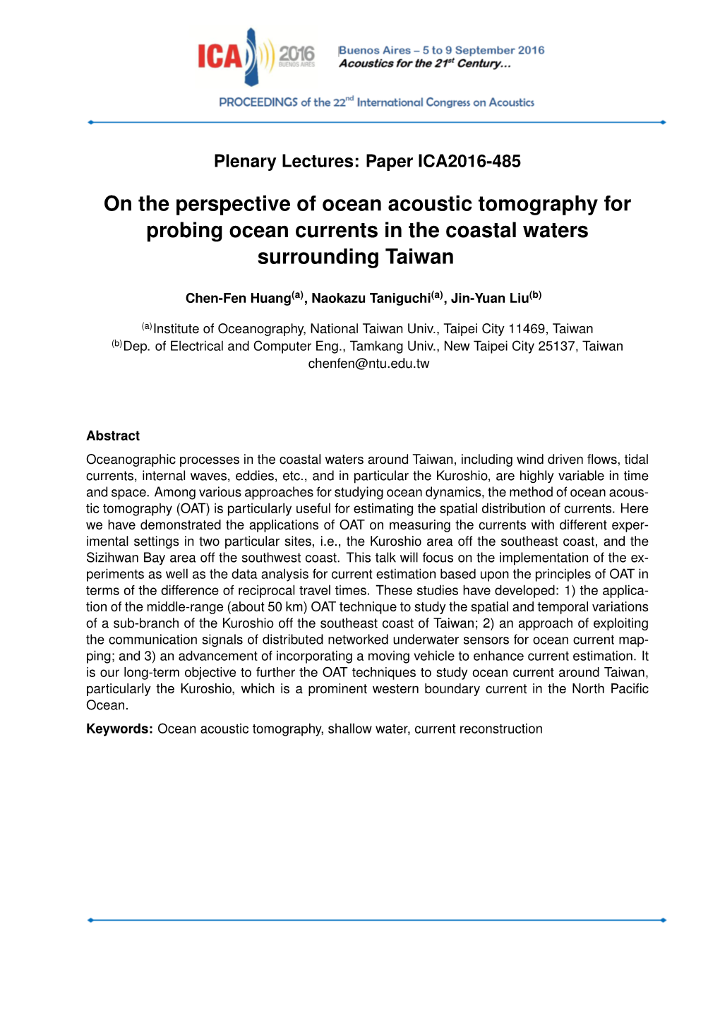 On the Perspective of Ocean Acoustic Tomography for Probing Ocean Currents in the Coastal Waters Surrounding Taiwan