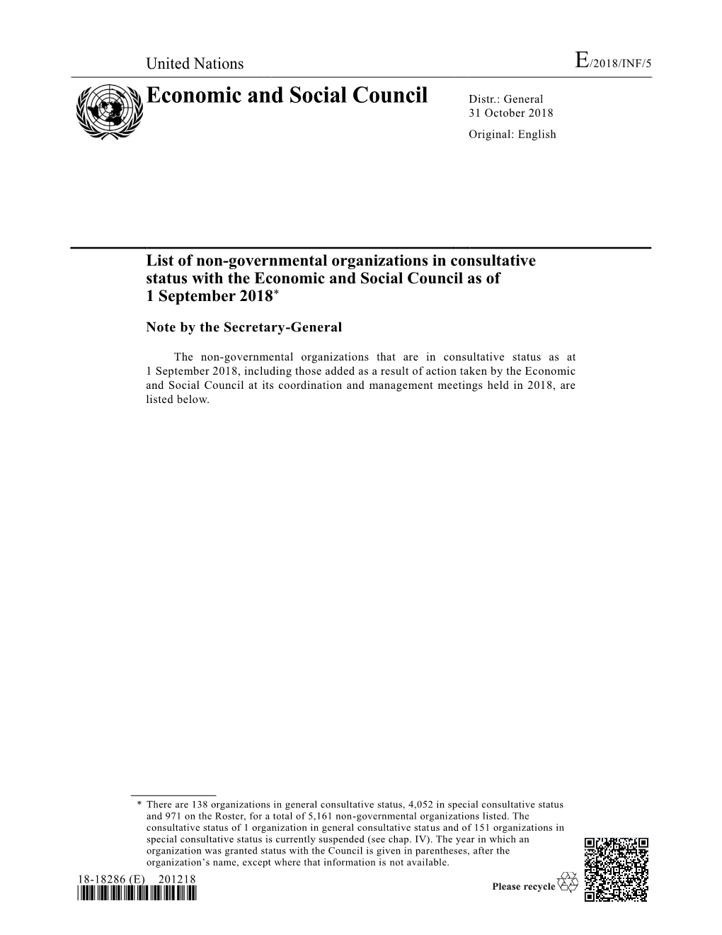 List of Non-Governmental Organizations in Consultative Status with the Economic and Social Council As of 1 September 2018*