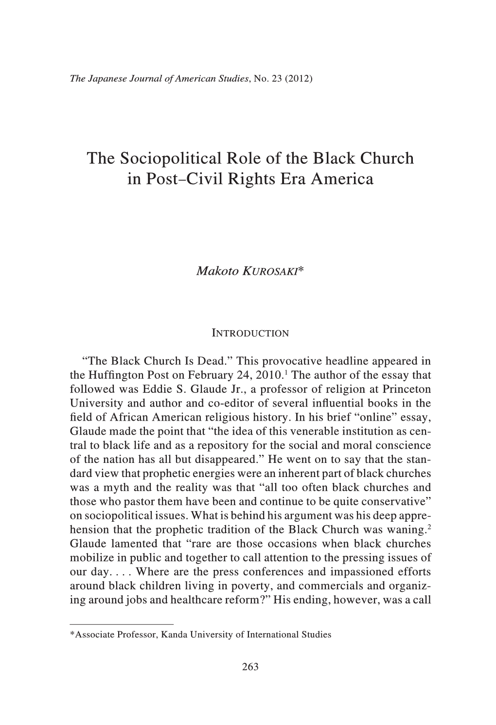 The Sociopolitical Role of the Black Church in Post–Civil Rights Era America