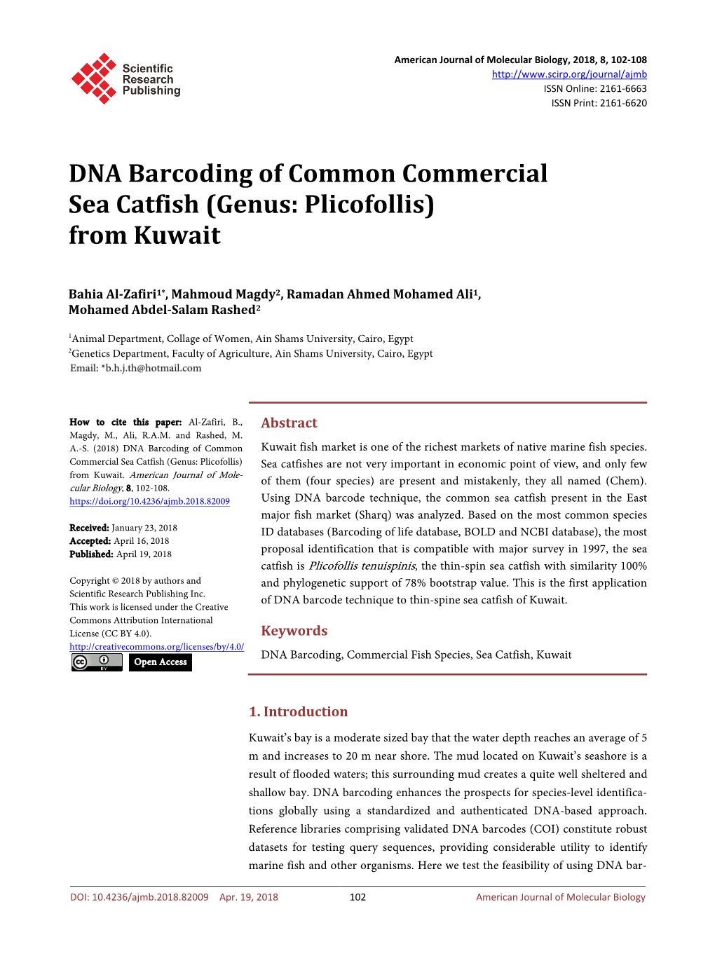DNA Barcoding of Common Commercial Sea Catfish (Genus: Plicofollis) from Kuwait