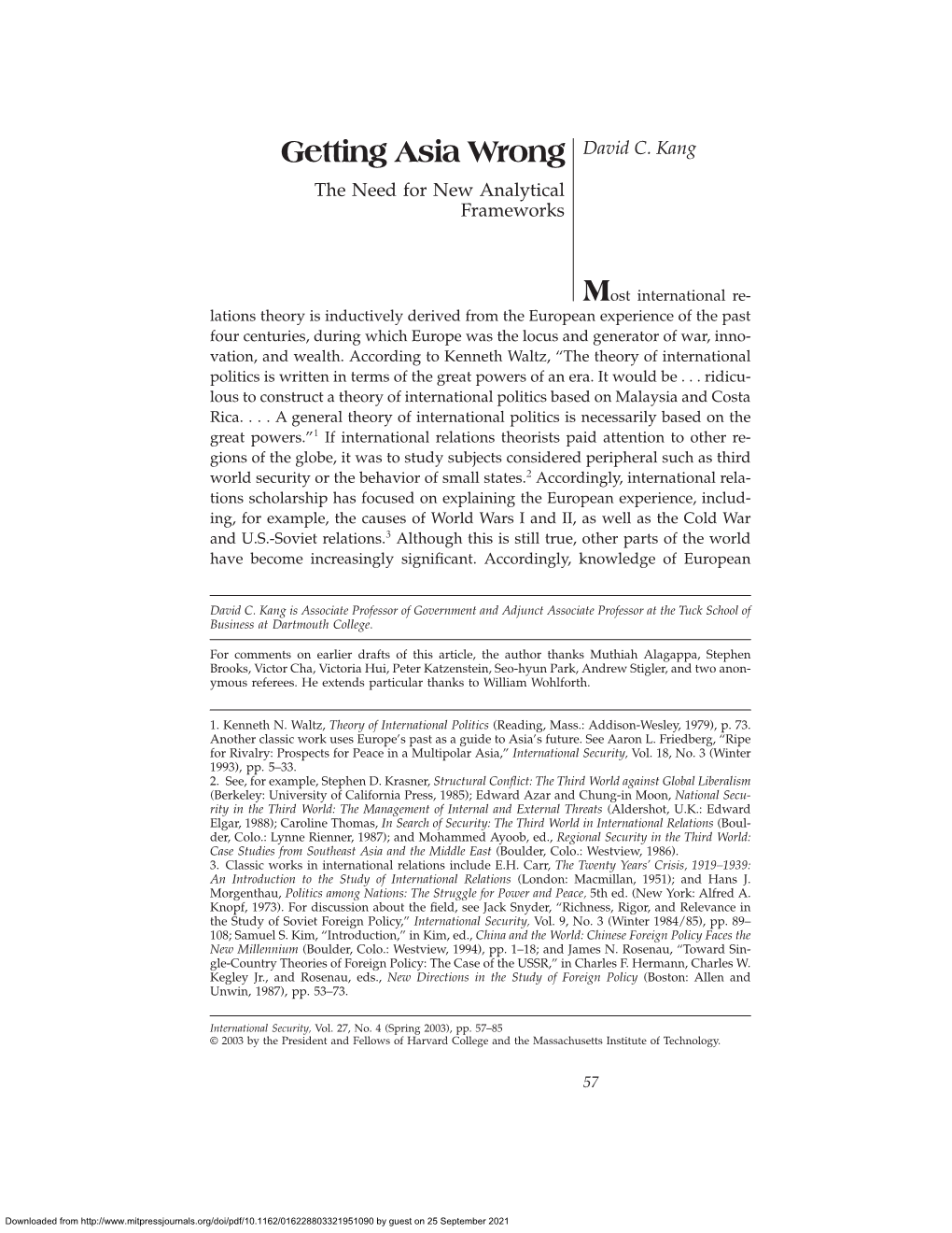 Getting Asia Wrong David C. Kang the Need for New Analytical Frameworks