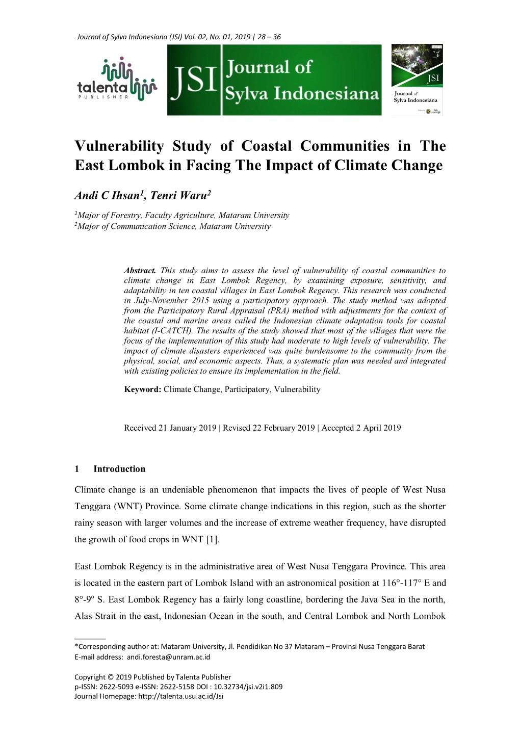 Vulnerability Study of Coastal Communities in the East Lombok in Facing the Impact of Climate Change