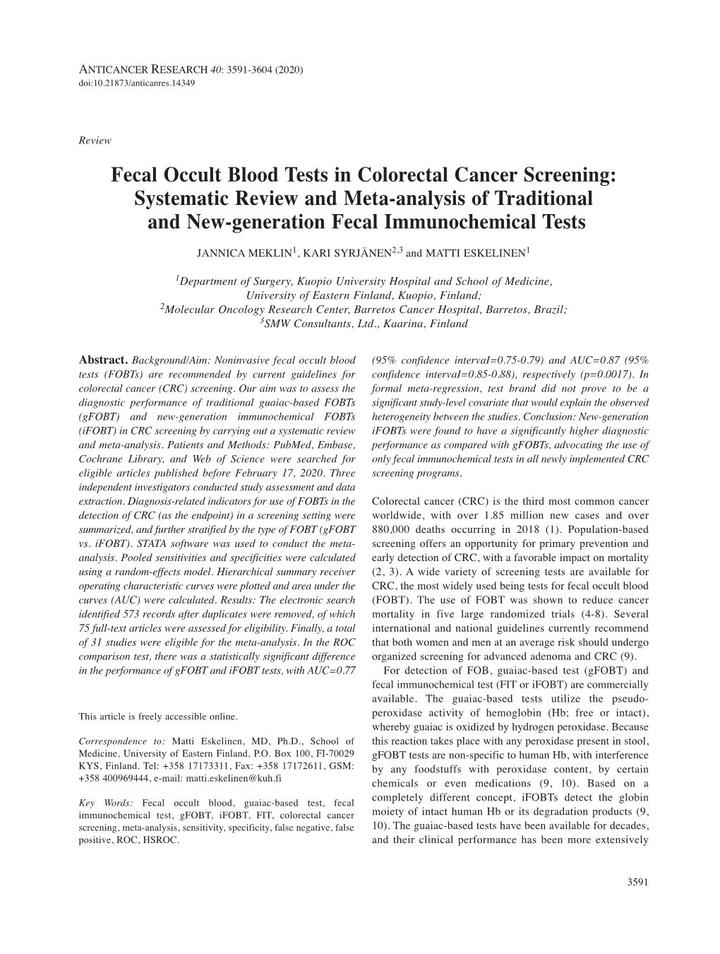 Fecal Occult Blood Tests in Colorectal Cancer Screening