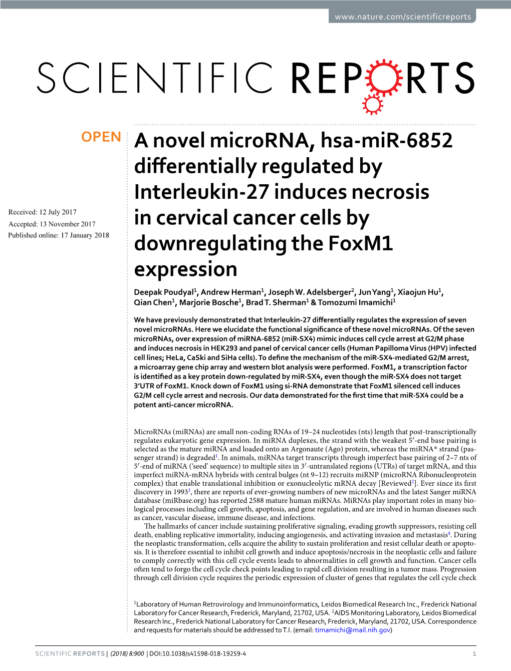 A Novel Microrna, Hsa-Mir-6852 Differentially Regulated by Interleukin-27 Induces Necrosis in Cervical Cancer Cells by Downregul